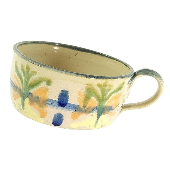 Soup Bowl Mug Artisan Handmade Glazed Pottery Floral 1991 Vintage - Picture 1 of 10